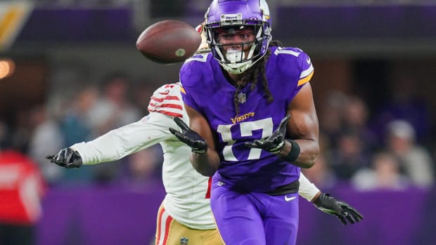 Oct 23, 2023; Minneapolis, Minnesota, USA; Minnesota Vikings wide receiver K.J. Osborn (17) catches a pass against the San Francisco 49ers in the fourth quarter at U.S. Bank Stadium.
